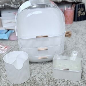 Elegant White Makeup Organizer Set with gold accent